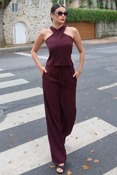 Linda Twill Kumaş Boyundan Geçmeli Takım Bordo