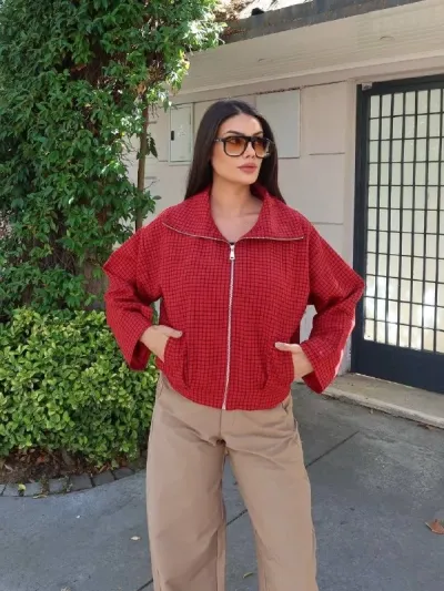 Kareli Kumaş Fermuarlı Astarlı Ceket Kırmızı