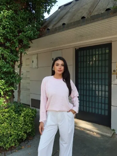 Çizgili Triko Kazak Pembe