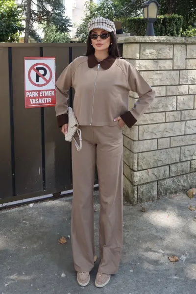 Gabardin Kumaş Fermuarlı Yaka Garnili Ceket Bej