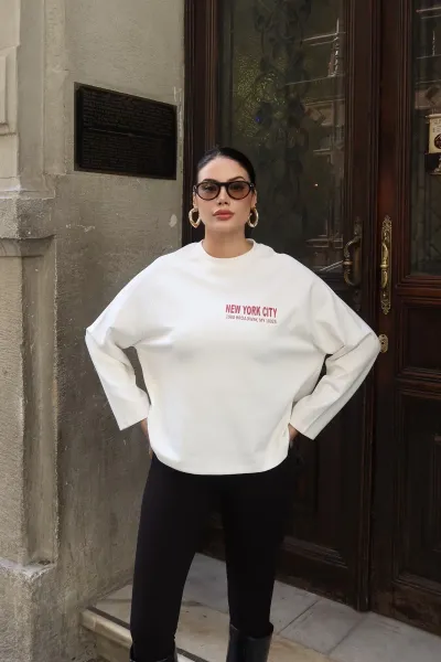 Oysho Kumaş New York Baskılı Sweat Beyaz