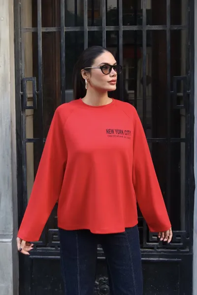 Oysho Kumaş New York Baskılı Sweat Kırmızı