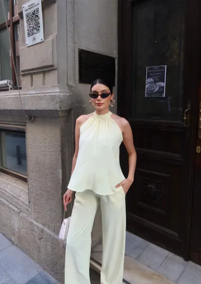Linda Twil Kumaş Halter Yaka Takım Sarı