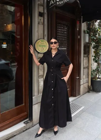 Poplin Kumaş Düğmeli Elbise Siyah