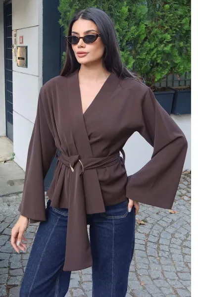 Linda Twill Kumaş Kuşaklı Aksesuarlı Ceket Kahverengi