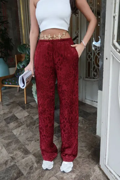 Leopar Desenli Saten Pantolon Bordo