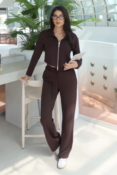 Oysho Kumaş Polo Yaka Çift Fermuarlı Takım Kahverengi