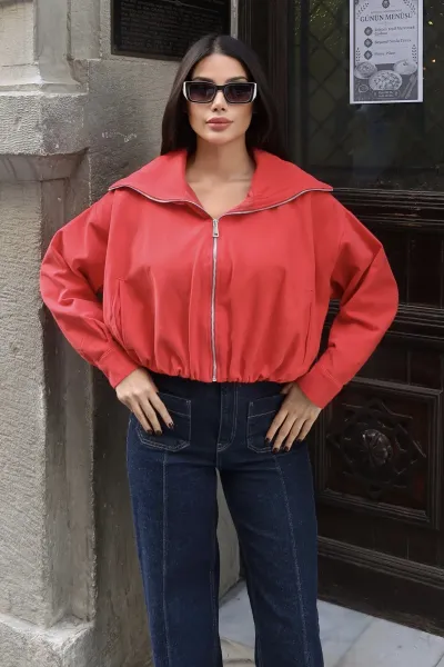 Gabardin Kumaş Şal Yaka Astarlı Fermuarlı Ceket Kırmızı