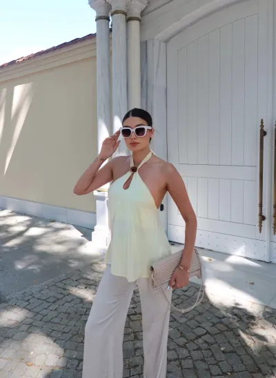 Keten Tokalı Boyundan Bağlamalı Bluz Sarı