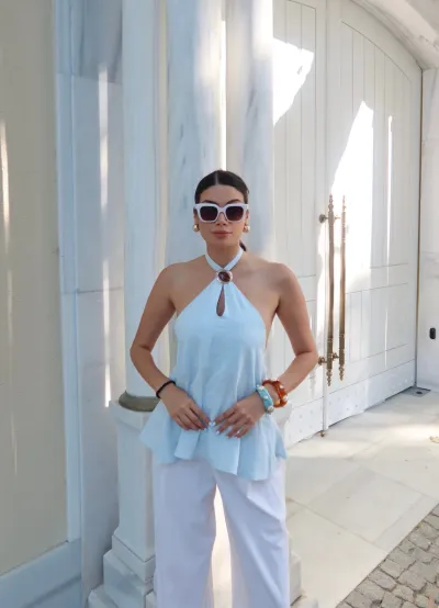 Keten Tokalı Boyundan Bağlamalı Bluz Bebe Mavi