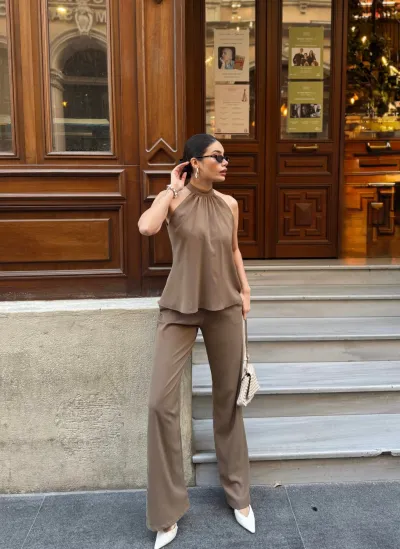 Linda Twil Kumaş Halter Yaka Takım Mocha