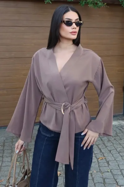 Linda Twill Kumaş Kuşaklı Aksesuarlı Ceket Mocha