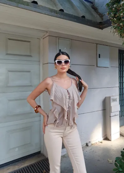 Kırışık Tensel Kumaş Düğmeli Bluz Camel