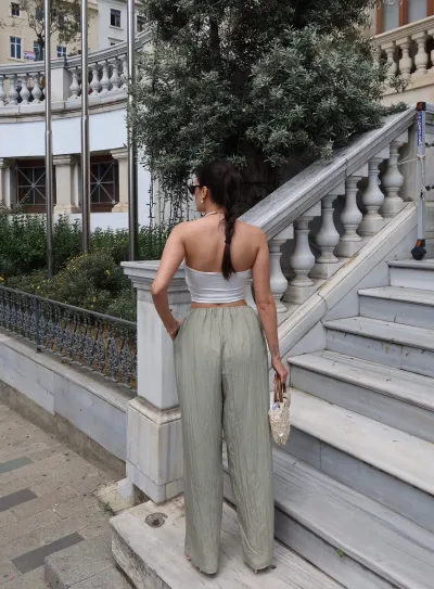 Dokuma Kırışık Kumaş Pantolon Yeşil