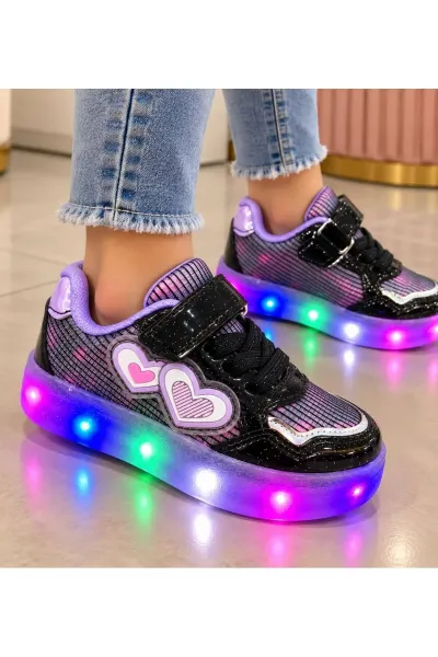 KIZ ÇOCUK IŞIKLI CIRTLI SNEAKER — Siyah