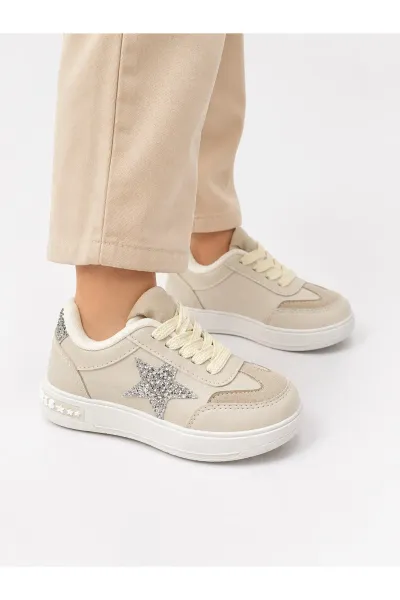 Kız Çocuk Bej Simli Yıldız Detaylı cırtlı Sneaker Spor Ayakkabı