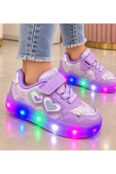 KIZ ÇOCUK IŞIKLI CIRTLI SNEAKER — Mor