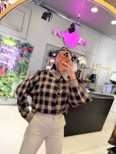 Ekose Desenli Oversize Gömlek Siyah-Bej Ekose