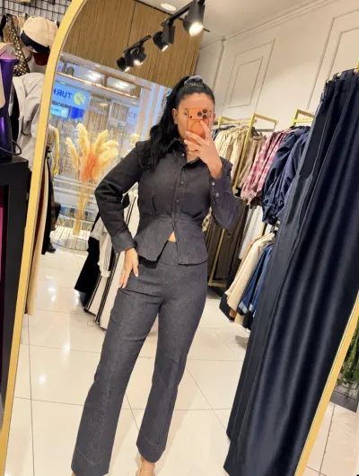 Bel Oturtmalı Denim Ceket ve Pantolon Takımı Koyu Lacivert