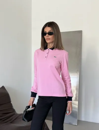 Kontrast Yakalı Uzun Kollu Polo Tişört Pembe