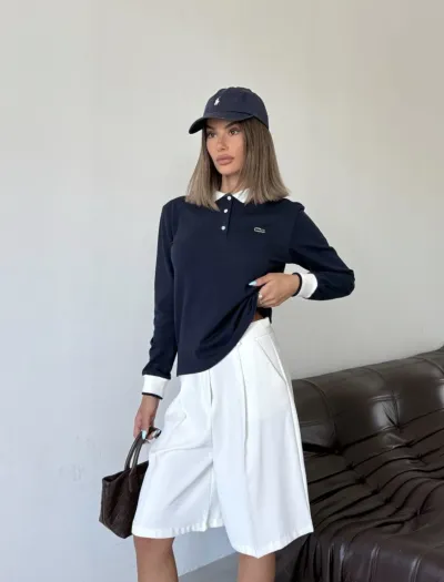 Kontrast Yakalı Uzun Kollu Polo Tişört Lacivert