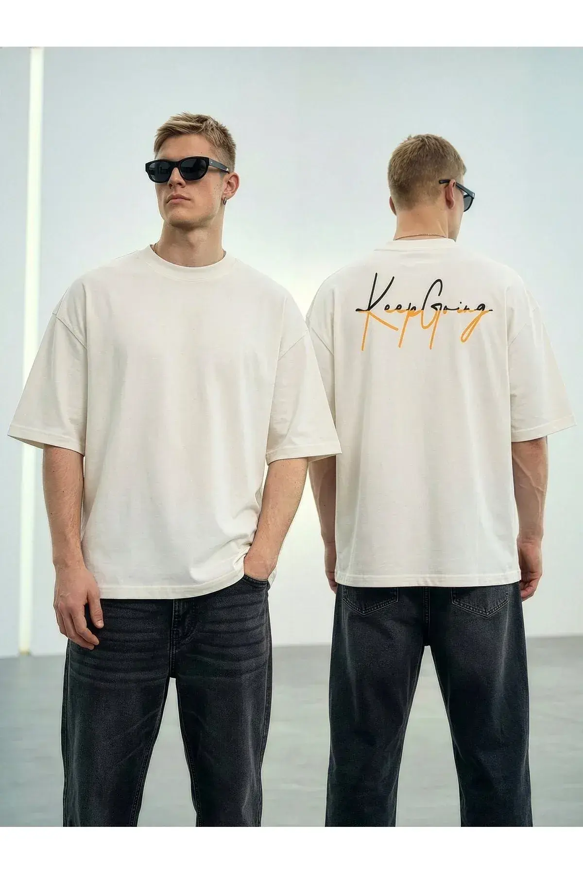 Wild Wood "Keep Going" Grafik Baskılı Premium Oversize T-shirt — Ekru