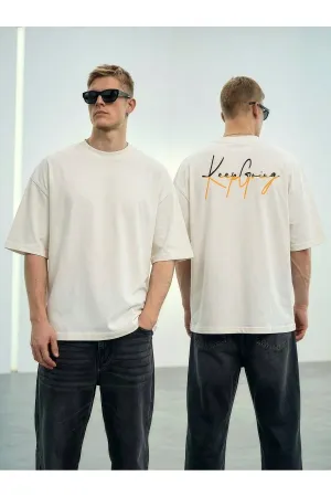 Wild Wood "Keep Going" Grafik Baskılı Premium Oversize T-shirt — Ekru 1