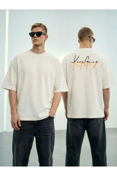 Wild Wood "Keep Going" Grafik Baskılı Premium Oversize T-shirt — Ekru