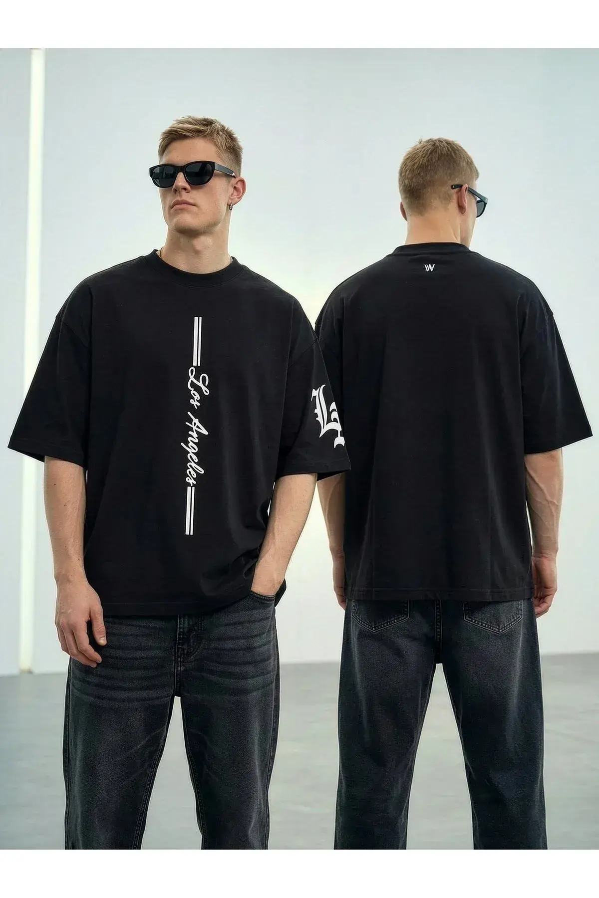 Wild Wood "LA Street" Dikey Baskılı ve Kol Nakışlı Premium Oversize T-shirt — Siyah-Nakışlı