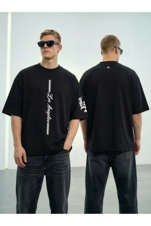 Wild Wood "LA Street" Dikey Baskılı ve Kol Nakışlı Premium Oversize T-shirt — Siyah-Nakışlı 1
