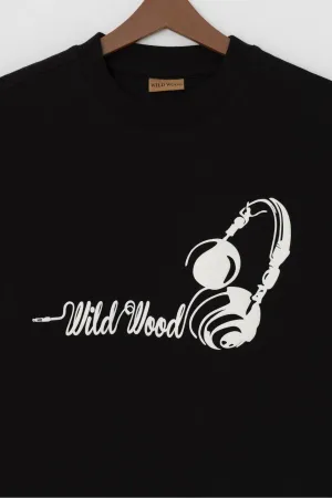 Wild Wood "Audio Rhythms" Kulaklık Kabaran Baskılı Premium Oversize T-shirt — Siyah 2