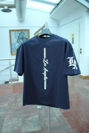 Wild Wood "LA Street" Dikey Baskılı ve Kol Nakışlı Premium Oversize T-shirt — Lacivert 3