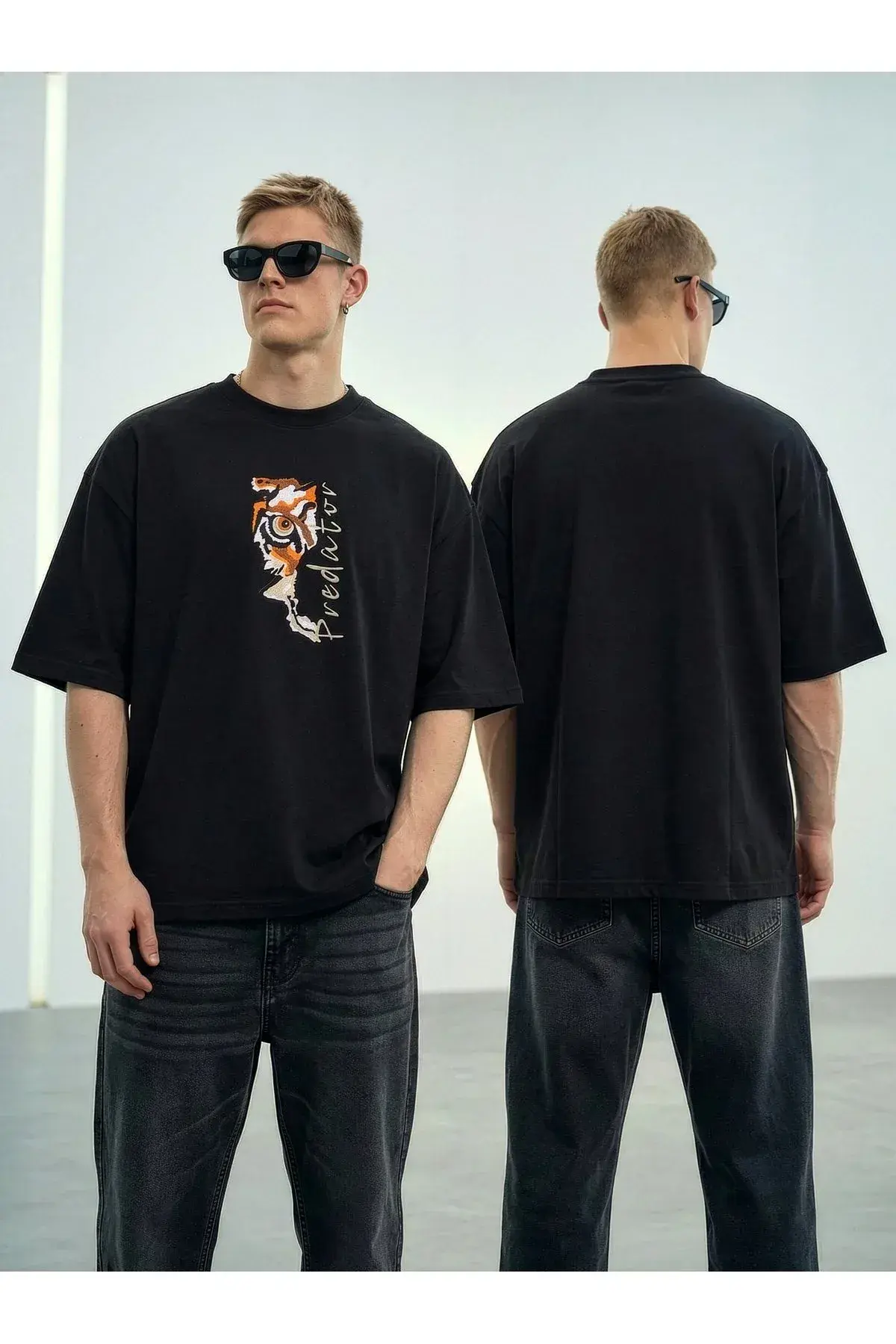 Wild Wood "Predator" Tiger Eye Streetwear Premium Kalite Oversize T-shirt — Siyah