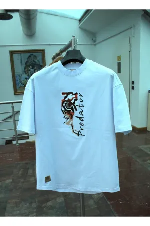 Wild Wood "Predator" Tiger Eye Streetwear Premium Kalite Oversize T-shirt — Beyaz 5
