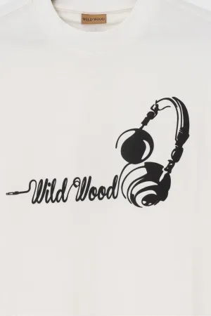 Wild Wood "Audio Rhythms" Kulaklık Kabaran Baskılı Premium Oversize T-shirt — Ekru 2