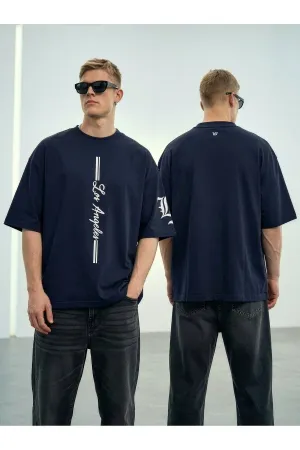 Wild Wood "LA Street" Dikey Baskılı ve Kol Nakışlı Premium Oversize T-shirt — Lacivert 1