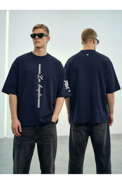 Wild Wood "LA Street" Dikey Baskılı ve Kol Nakışlı Premium Oversize T-shirt — Lacivert