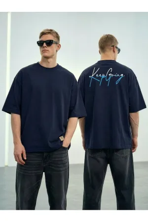 Wild Wood "Keep Going" Grafik Baskılı Premium Oversize T-shirt — Lacivert 1