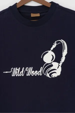 Wild Wood "Audio Rhythms" Kulaklık Kabaran Baskılı Premium Oversize T-shirt — Lacivert 2
