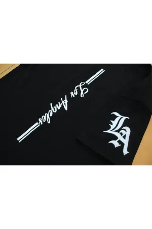 Wild Wood "LA Street" Dikey Baskılı ve Kol Nakışlı Premium Oversize T-shirt — Siyah-Nakışlı 4