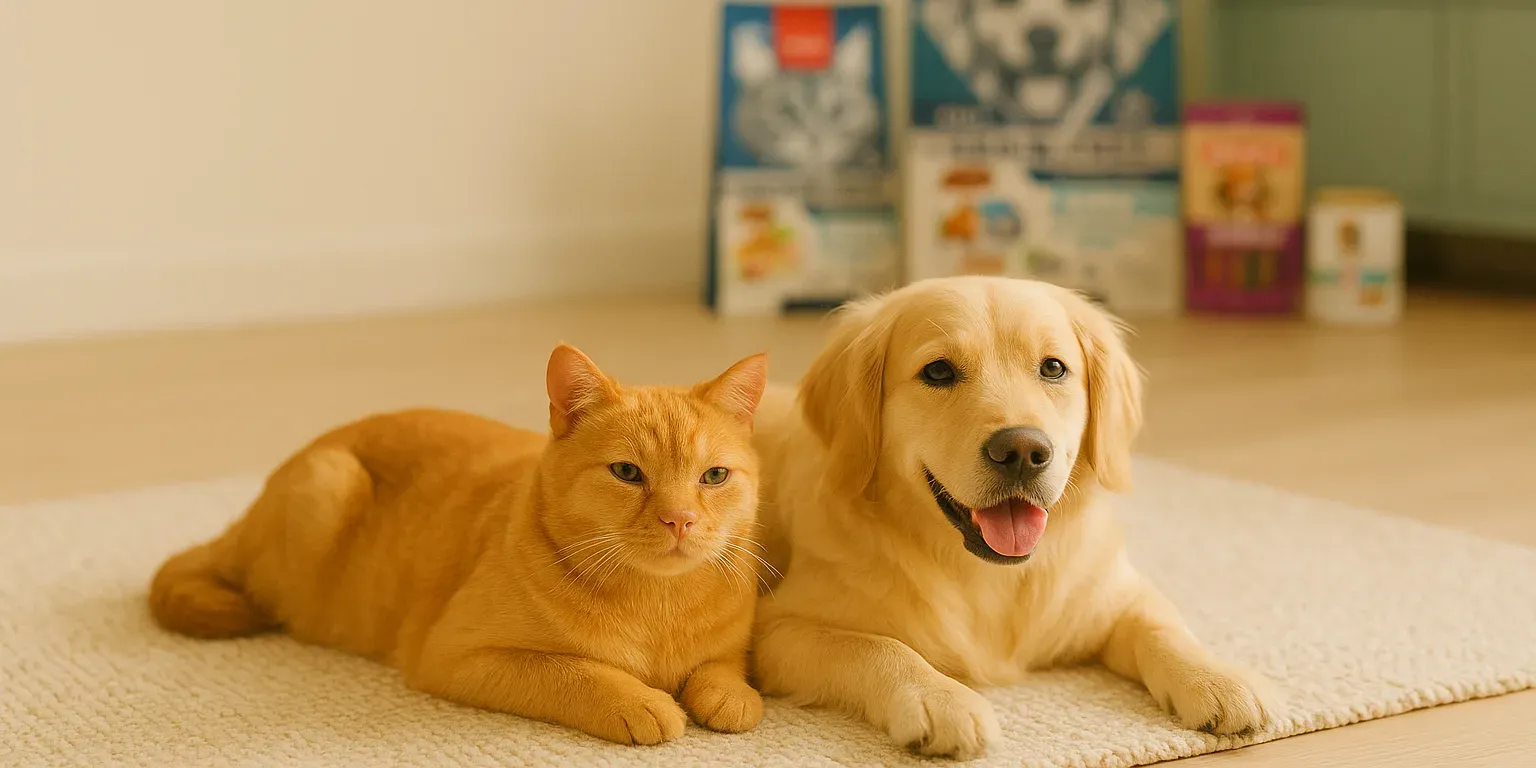 Ahşap zeminde halı üzerinde uzanan turuncu kedi ve golden retriever, arkada mama paketleri