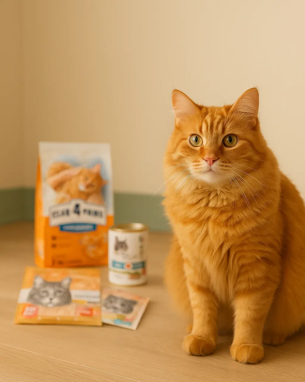 Krem fonda oturan turuncu kedi, yanında kedi maması paketleri ve konserve