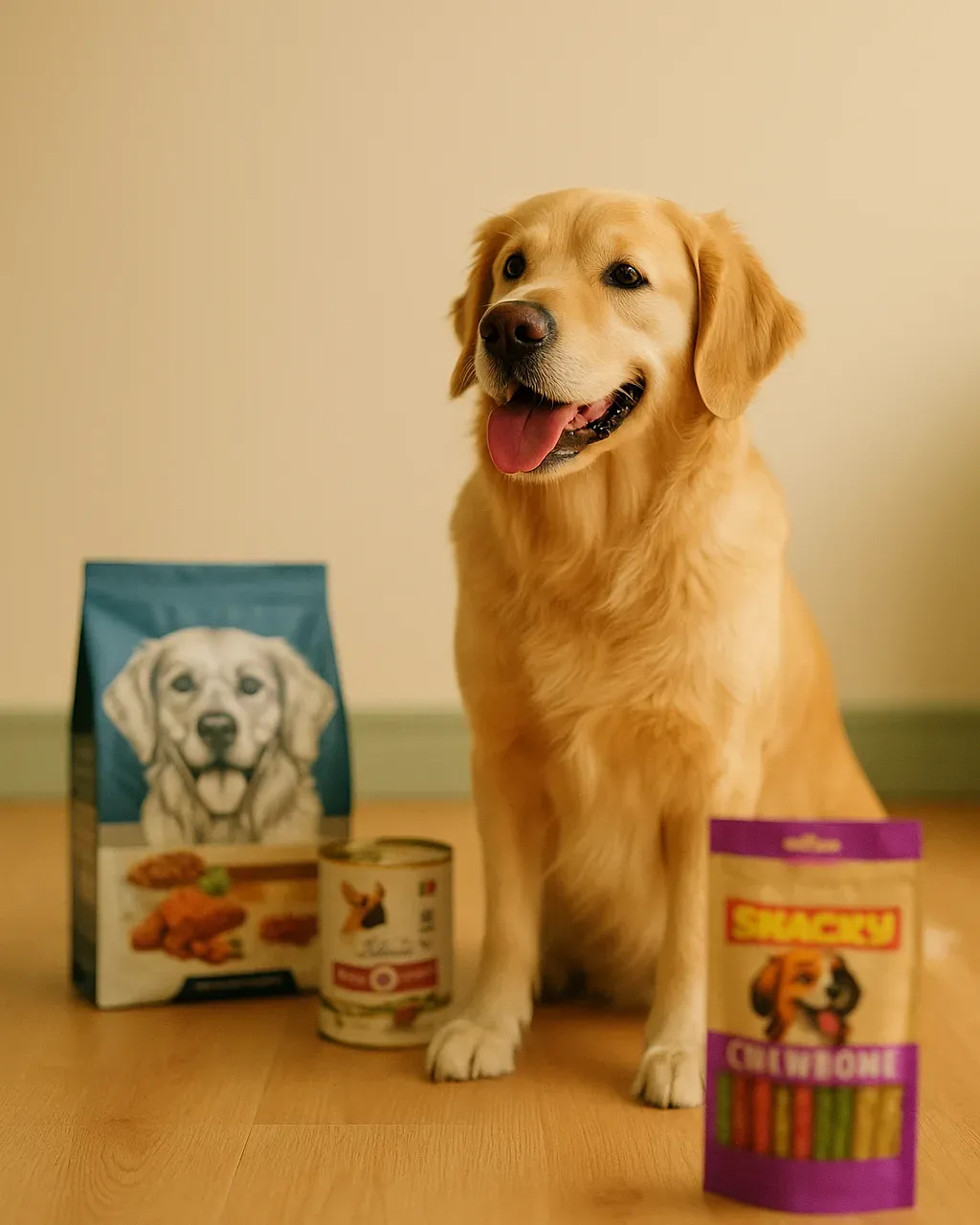 Krem fonda oturan golden retriever, yanında köpek maması ve ödül paketleri