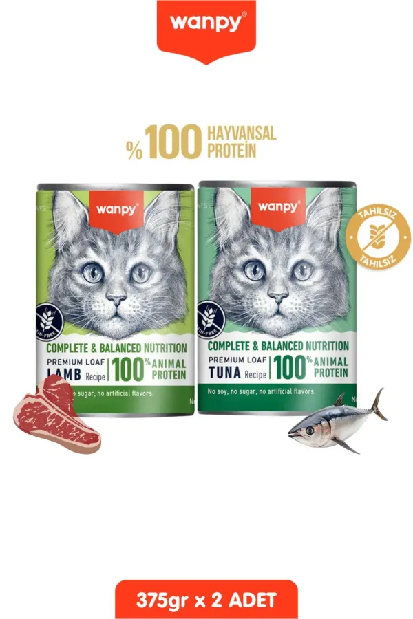2li Tahılsız Kedi %100 Gerçek Et Proteinli Kuzulu & Ton Balıklı Konserve 2Adet 375 gr