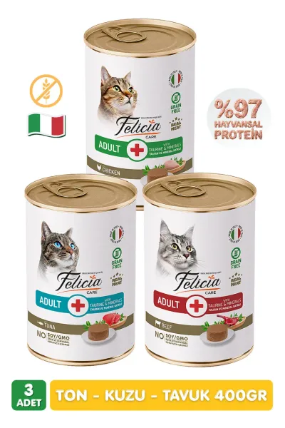 3 Lezzet %97 Proteinli Tahılsız Ton Balıklı - Kuzulu - Tavuklu Ezme Yetişkin Kedi Konserve Maması 400 gr x 3 Adet
