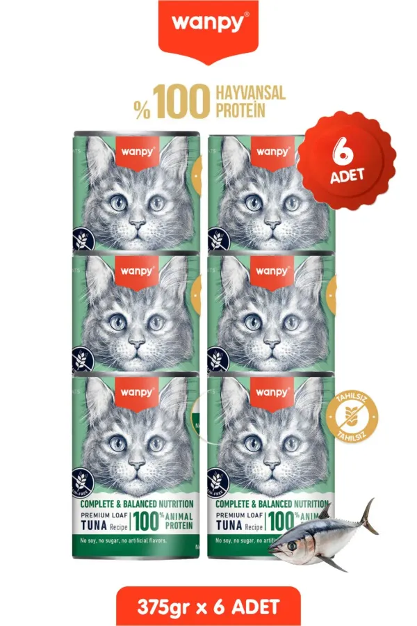 6lı Tahılsız Kedi %100 Gerçek Et Proteinli Ton Balıklı Konserve 6 Adet 375 gr