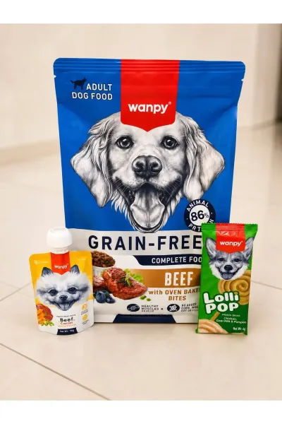 1,5 KG BİFTEKLİ KURU MAMA+BİFTEKLİ KAPAKLI EZME+BAL KABAKLI KÖPEK LOLİPOP HEDİYE