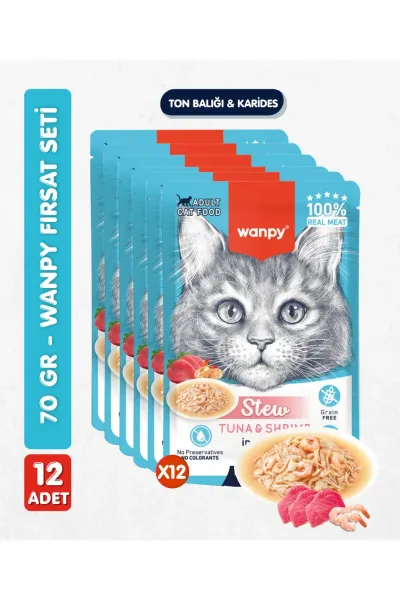 12li Yetişkin Kedi Yaş Maması Ton Balığı & Karides Premium Kalite 12 x 70 gr