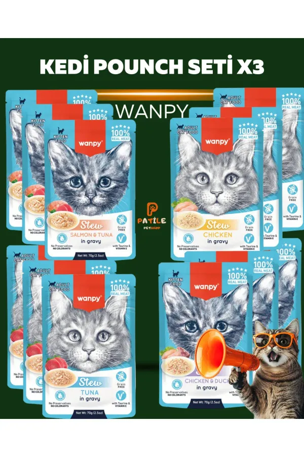 Pouch Karışık Yaş Kedi Maması Paketi 12x70 gr (Tavuk&Ördek, Somon&Ton, Ton, Tavuk) 🐾