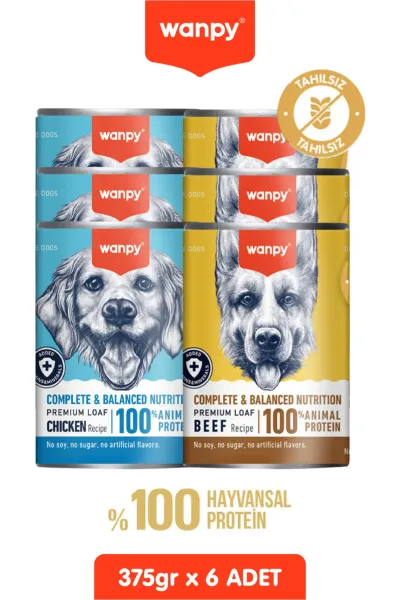 6 Adet Tahılsız Köpek %100 Gerçek Et Biftekli Ve Tavuklu Konserve Yaş Mama 375 gr